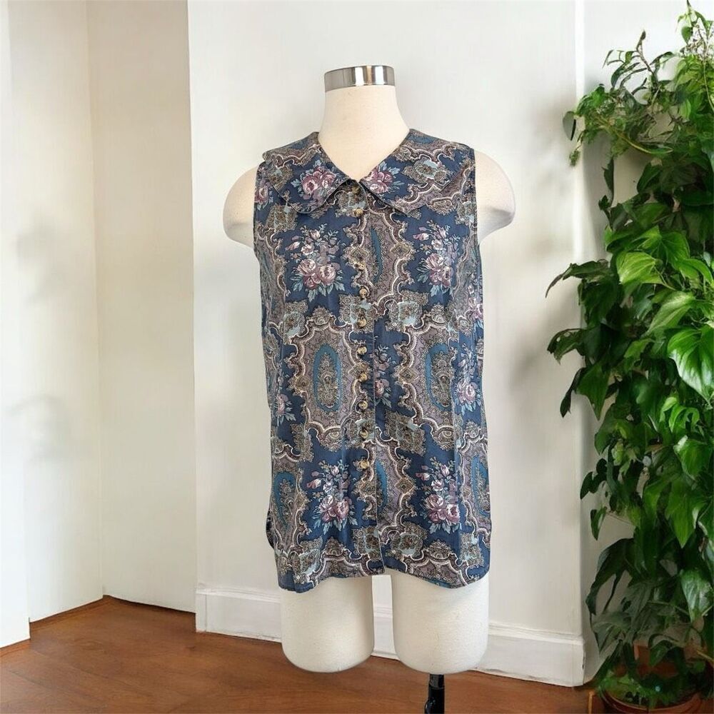 At Last Peter Pan Paisley Blue Peasant Top Blouse Button Down Sleeveless Small